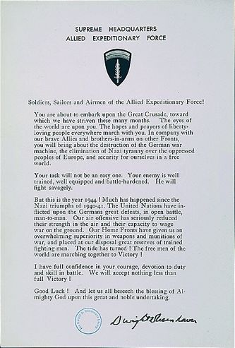 Generaal Dwight D. Eisenhower, 5 juni 1944. Het doel van de geallieerde strijd is de volledige overwinning. We will accept nothing less than full Victory.
